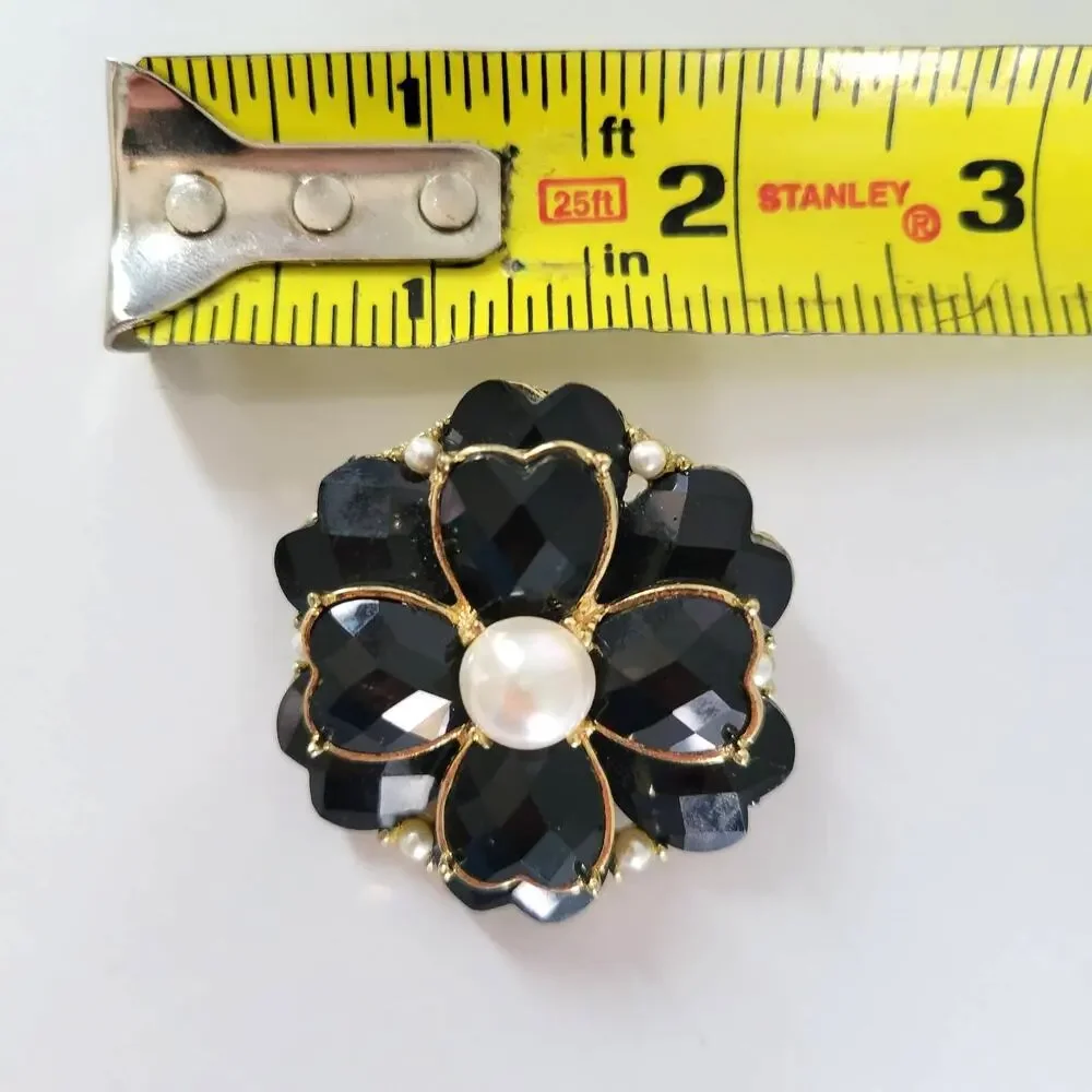 Vintage Brooch Black Shamrock Stacked Onyx Style Zircons Faux Pearl Gold Tone
